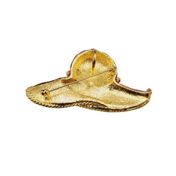 Red Floppy Hat Brooch Pendant Combo Enamel Rhinestones Gold Braid Trim - Picture 5 of 6